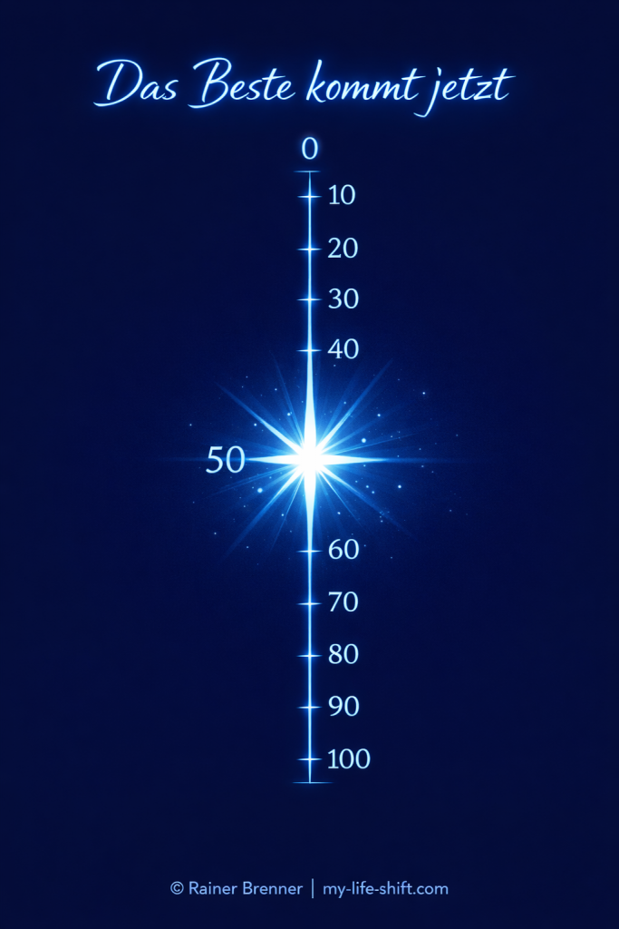 Beruflicher Neuanfang 50+ – Lebenszeitstrahl mit Lichtpunkt bei 50: Das Beste kommt jetzt