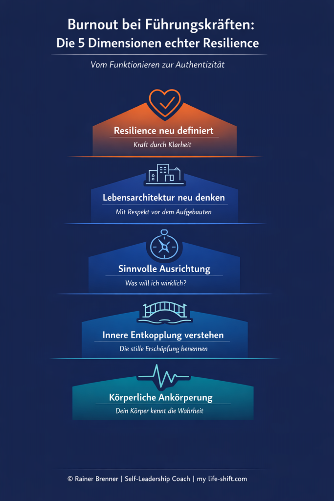 **Alternative Bildbeschreibung (Alt-Text):** Minimalistische Infografik im Hochformat auf dunkelblauem Hintergrund. Oben steht der Titel „Burnout bei Führungskräften: Die 5 Dimensionen echter Resilience“ mit dem Untertitel „Vom Funktionieren zur Authentizität“. Darunter eine vertikale, nach oben verlaufende Progression aus fünf Ebenen in Farbverlauf von Türkis über verschiedene Blautöne bis Orange an der Spitze. Ganz unten (türkis) Level 1 „Körperliche Ankörperung“ mit Herzschlag-Icon und dem Text „Dein Körper kennt die Wahrheit“. Darüber Level 2 (hellblau) „Sinnvolle Ausrichtung“ mit Kompass-Icon und „Was will ich wirklich?“. In der Mitte Level 3 (blau) „Innere Entkopplung verstehen“ mit Brücken-Icon und „Die stille Erschöpfung benennen“. Darüber Level 4 (dunkleres Blau) „Lebensarchitektur neu denken“ mit Architektur-Icon und „Mit Respekt vor dem Aufgebauten“. Ganz oben (orange) Level 5 „Resilience neu definiert“ mit Herz-Icon und „Kraft durch Klarheit“. Zwischen den Ebenen verlaufen feine horizontale Linien. Unten mittig steht der Footer: „© Rainer Brenner | Self-Leadership Coach | my-life-shift.com“. Die Gestaltung wirkt modern, reduziert und professionell.