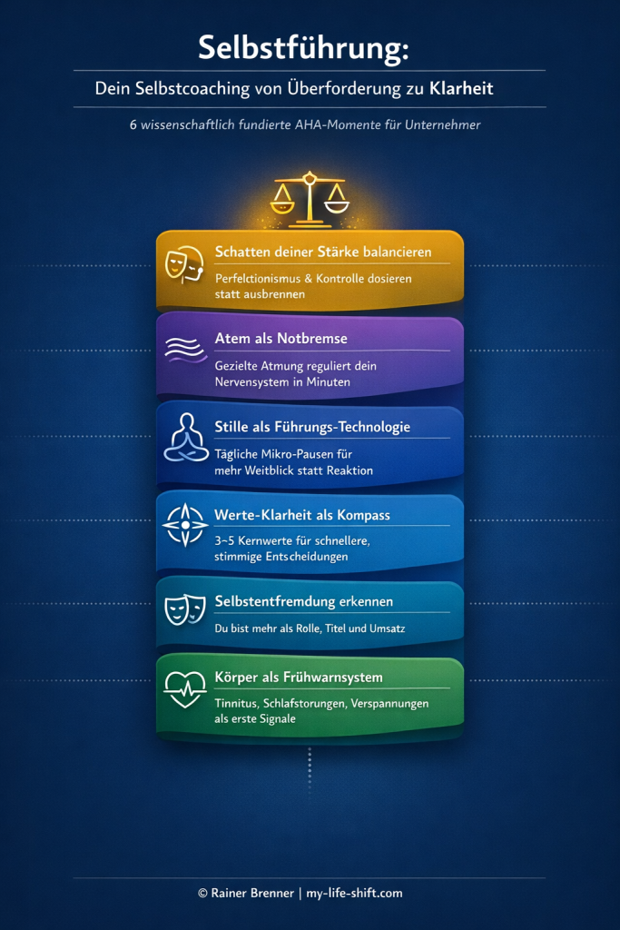 Selbstführung Selbstcoaching: Unternehmer sitzt nachts erschöpft am Laptop, Symbol für Überforderung trotz Erfolg – visuelle Einstiegs-Grafik zum Weg von Stress zu innerer Klarheit.